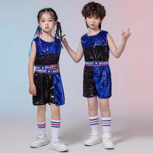 Children Silver royal blue red sequins jazz street cheerleading costumes rapper singers kindergarten school student hip hop drum pailette stage outfits for boys girls